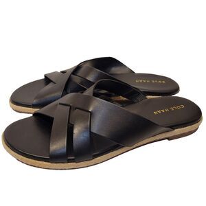 Cole Haan Florens Slide Sandals Crisscross Strappy Black Leather Espadrille 5.5